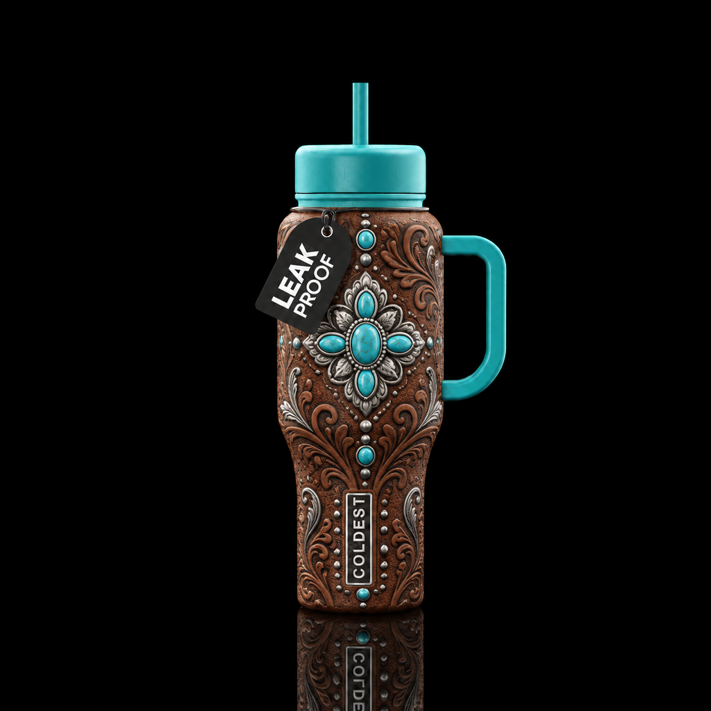 Background is brown embossed leather with western ... water bottle design