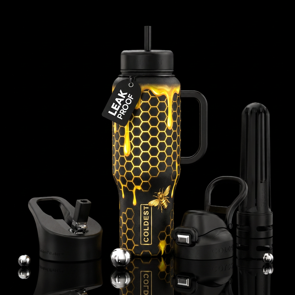 Glowie black and bee bottle with bright golden hon... water bottle design