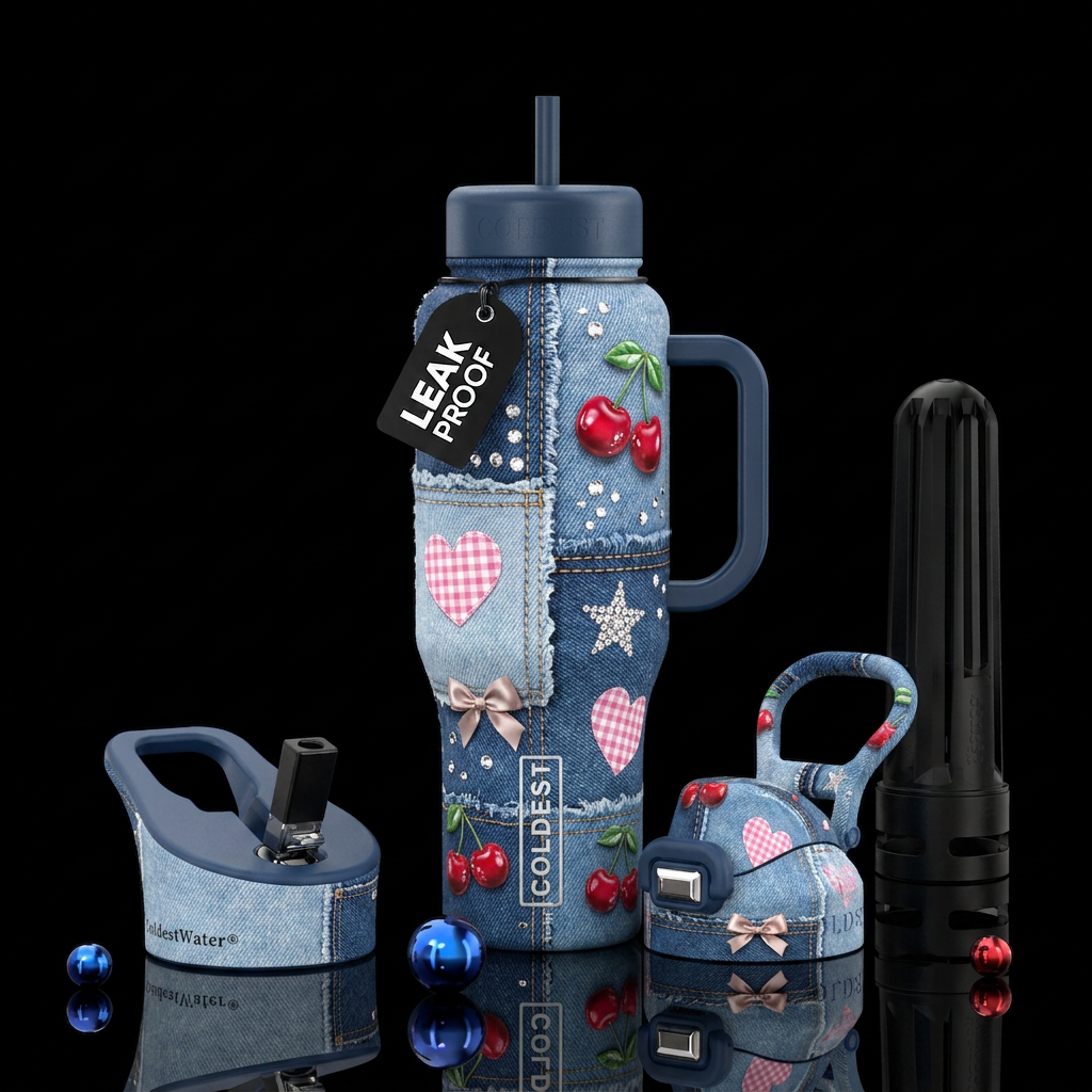 Denim Cherries water bottle design
