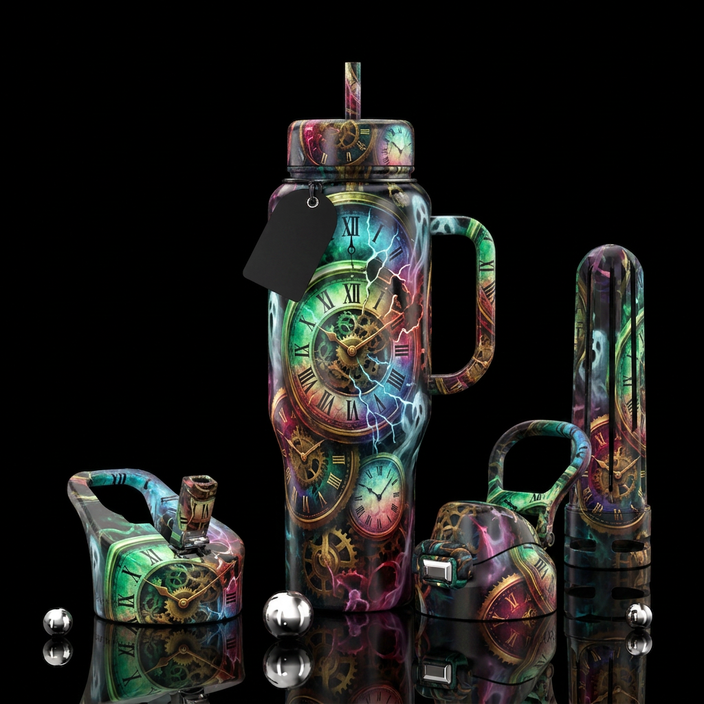 Haunted clocks water bottle design