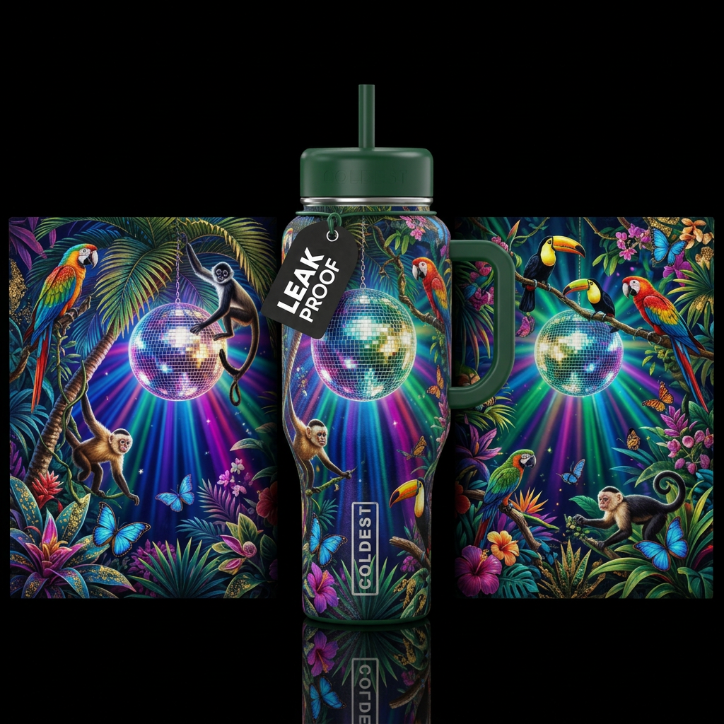 A tropical jungle at night where giant disco balls... water bottle design
