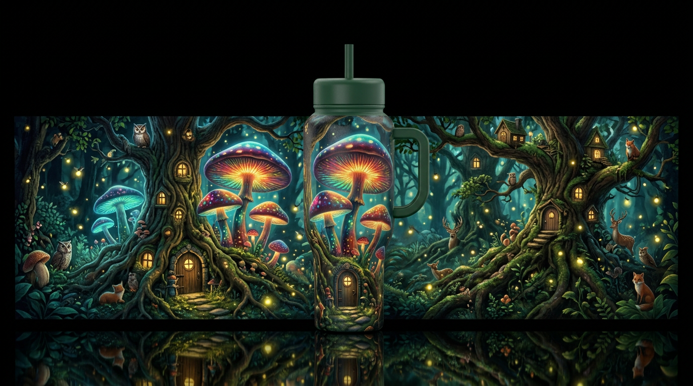 A whimsical nighttime forest with enormous glowing... water bottle design