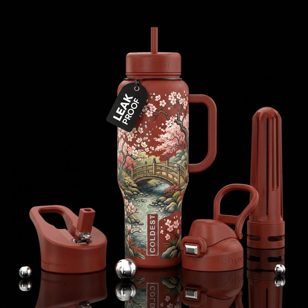 Cherry blossoms and almond blossoms with trees and... water bottle design