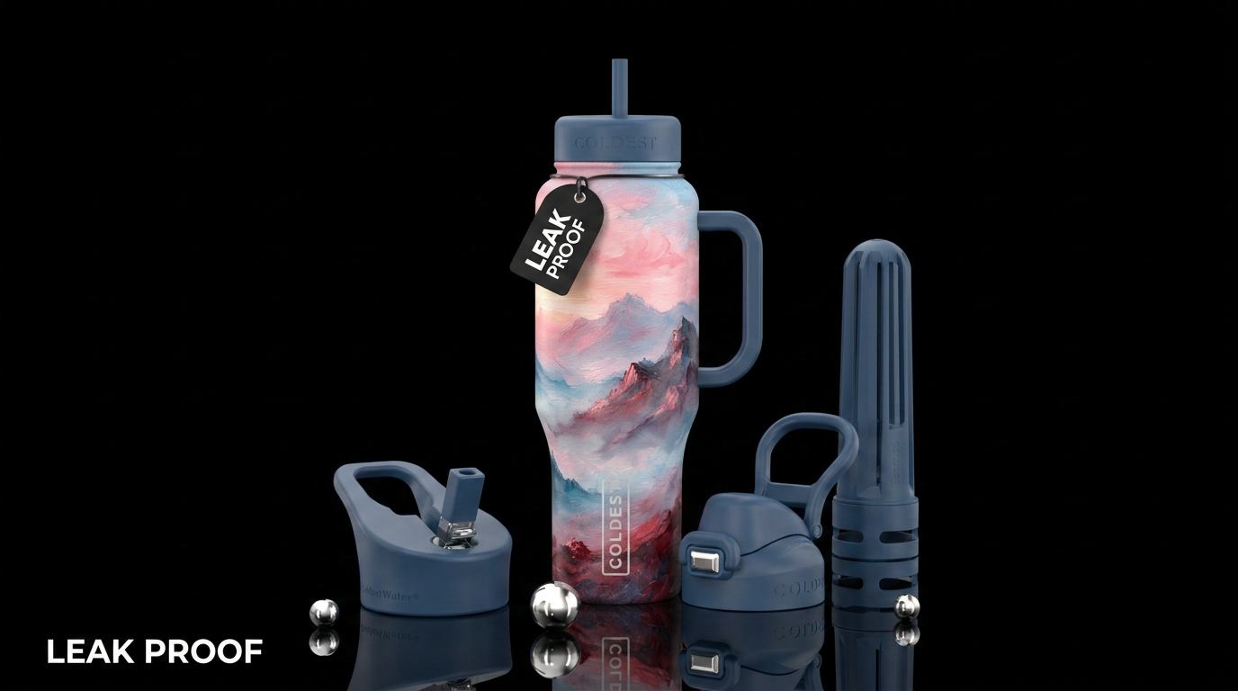 Misty, foggy mountain range with some sunlight pea... water bottle design