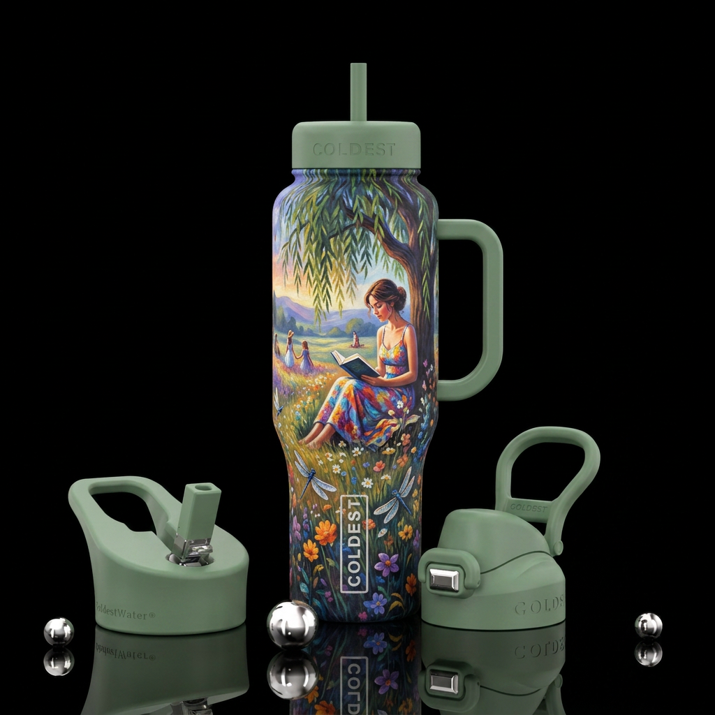 Painting style of a woman in a sundress in the dis... water bottle design