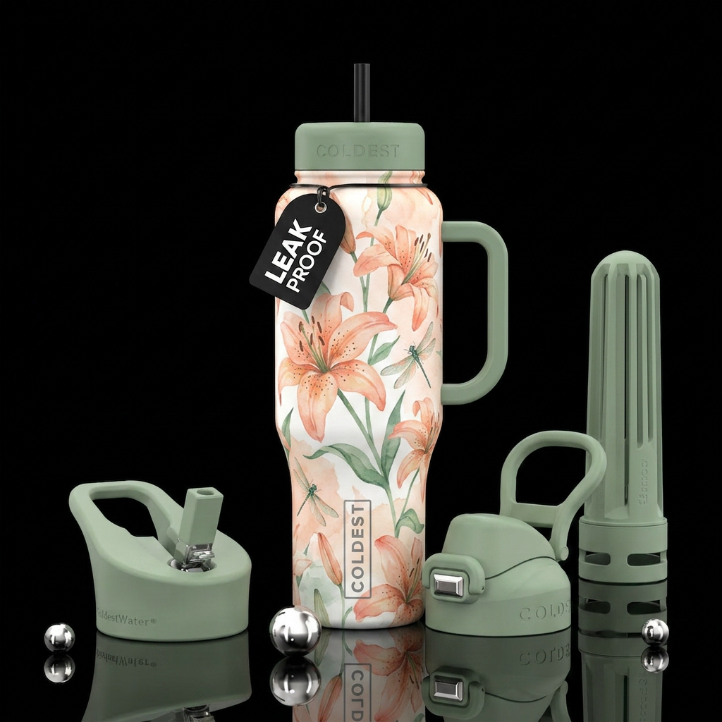 Tiger Lillies and dragonflies in water color style... water bottle design