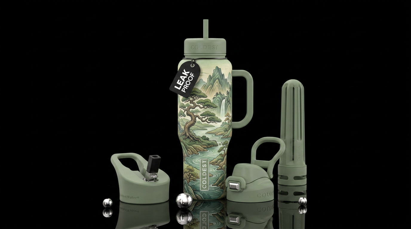 Bonsai trees and streams and mountains, with sage ... water bottle design