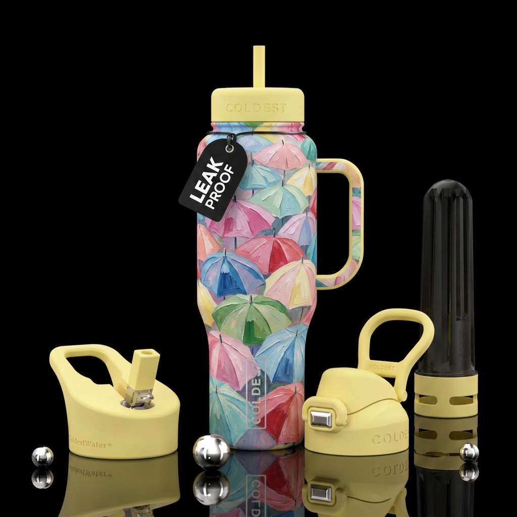 Different colored umbrella tops all over bottle wi... water bottle design