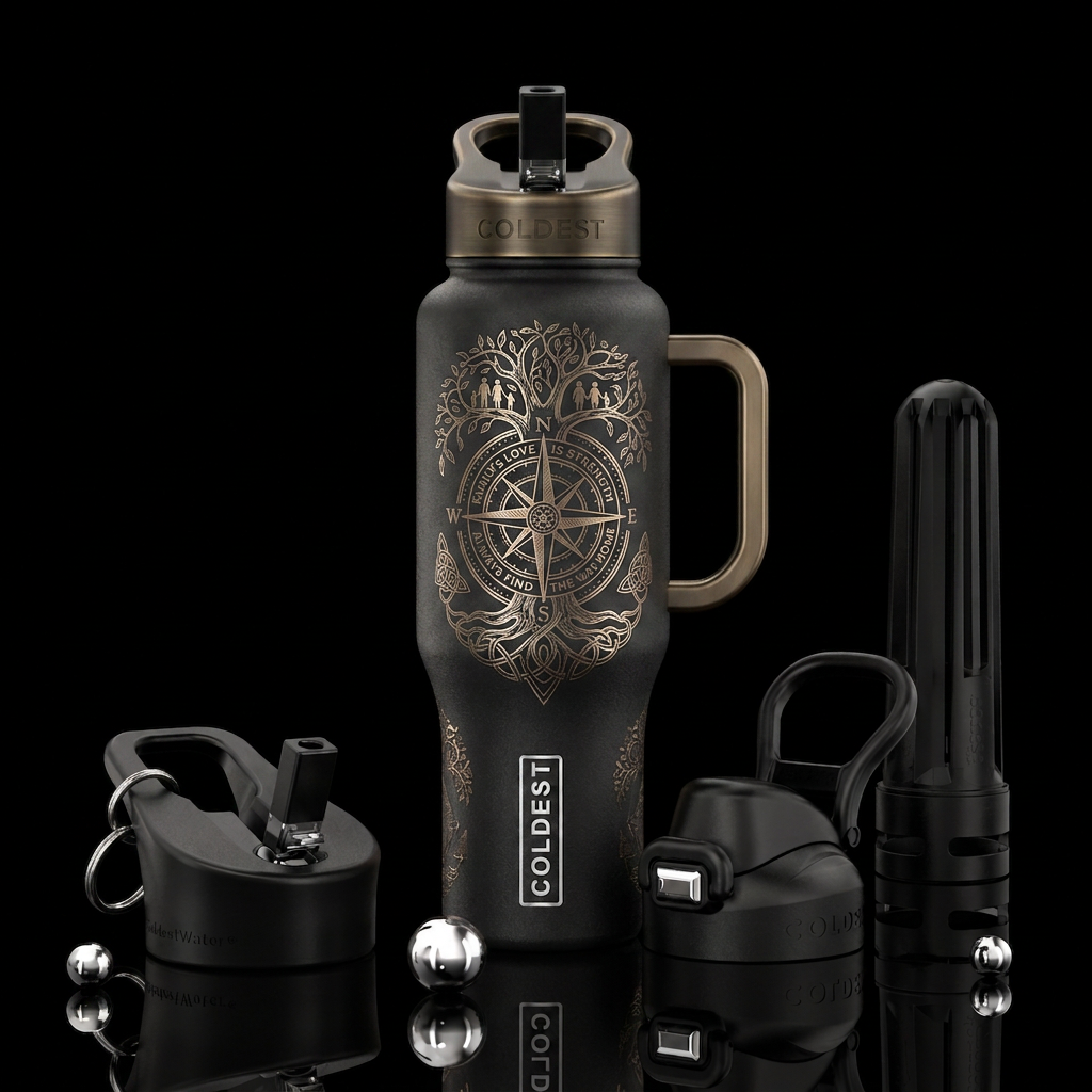 Tree of life with antique compass symbolizing love... water bottle design