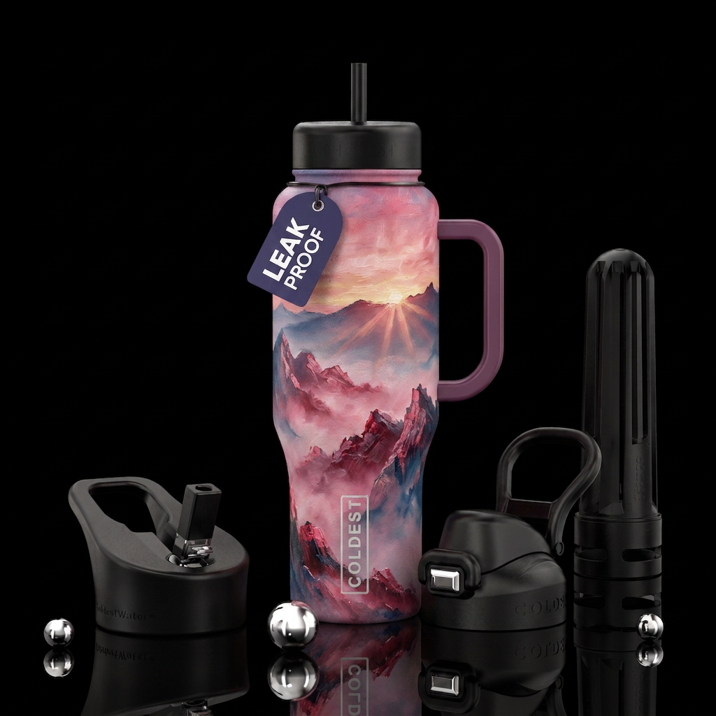 Misty, foggy mountain range with some sunlight pea... water bottle design
