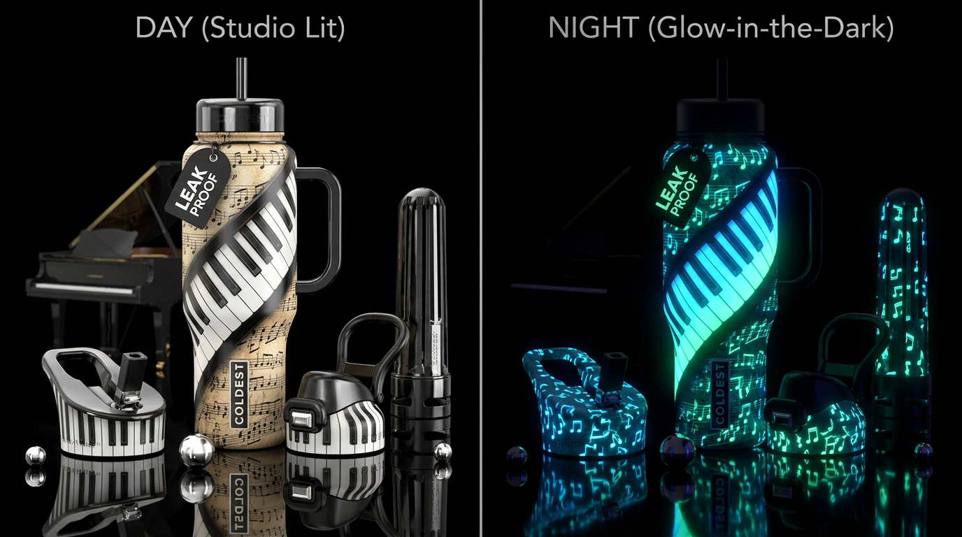 Piano keys wrapped upward around bottle, music not... water bottle design