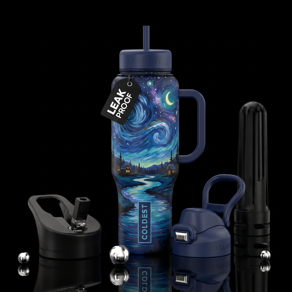 Colorful Night painting with navy blue handle and ... water bottle design