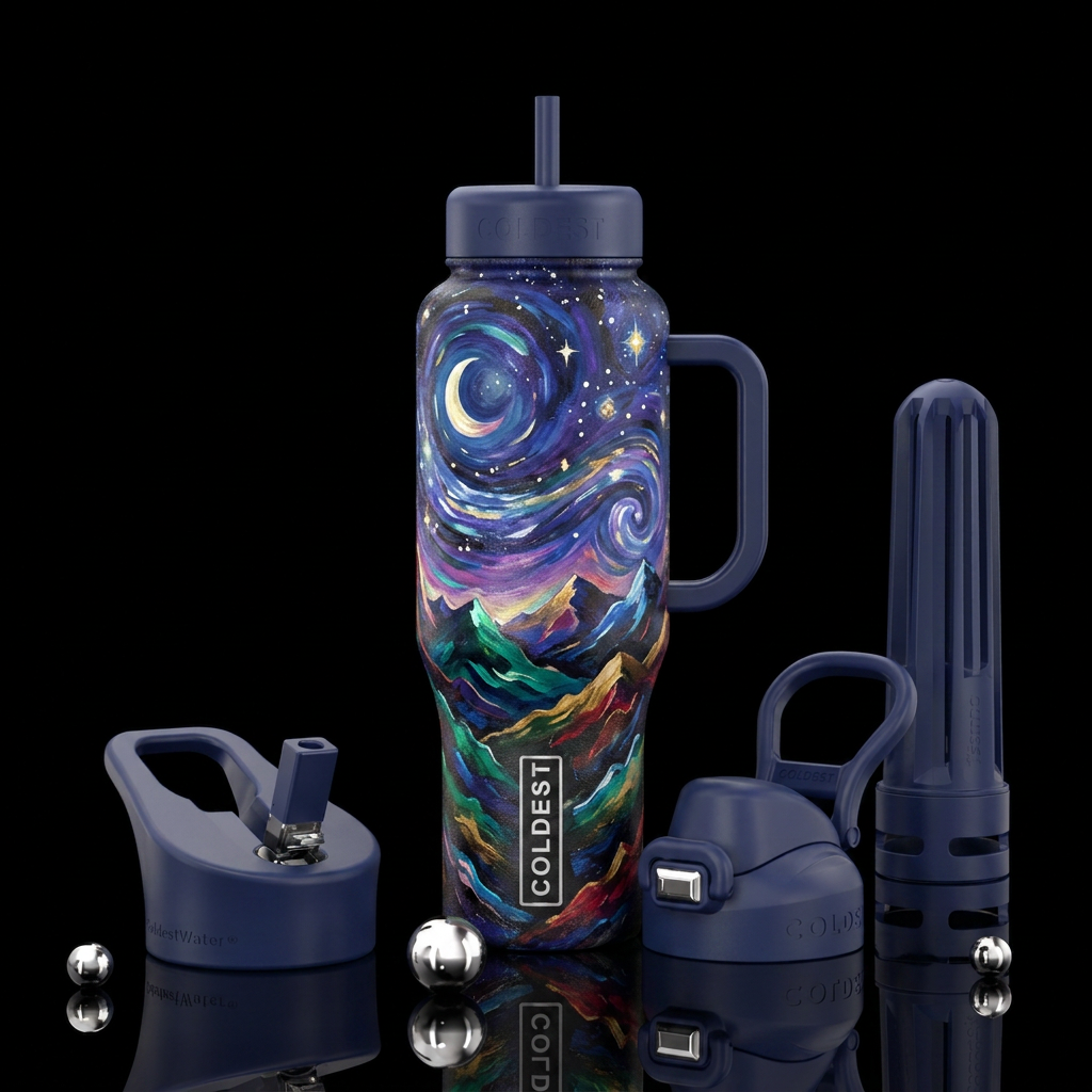 Colorful Night painting with navy blue handle and ... water bottle design