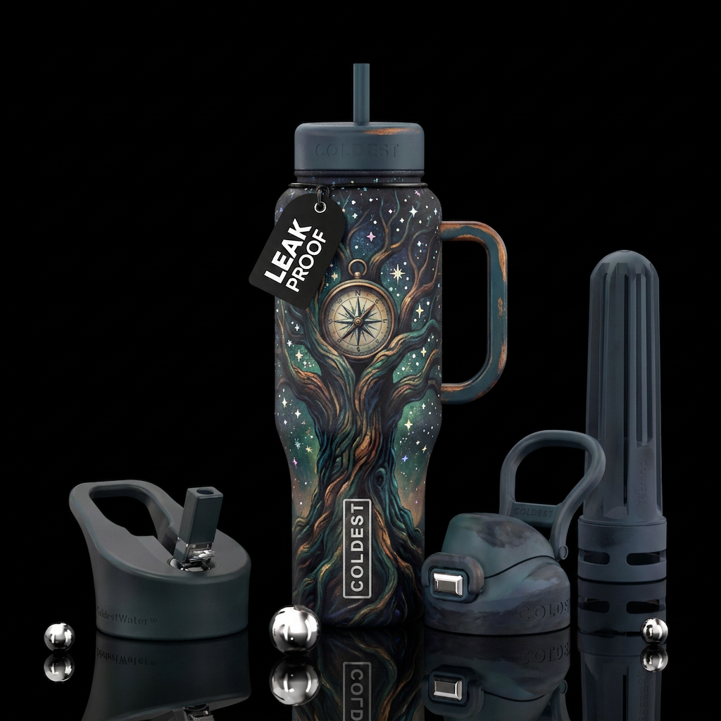 Painting of tree with a compass and iridescent tin... water bottle design