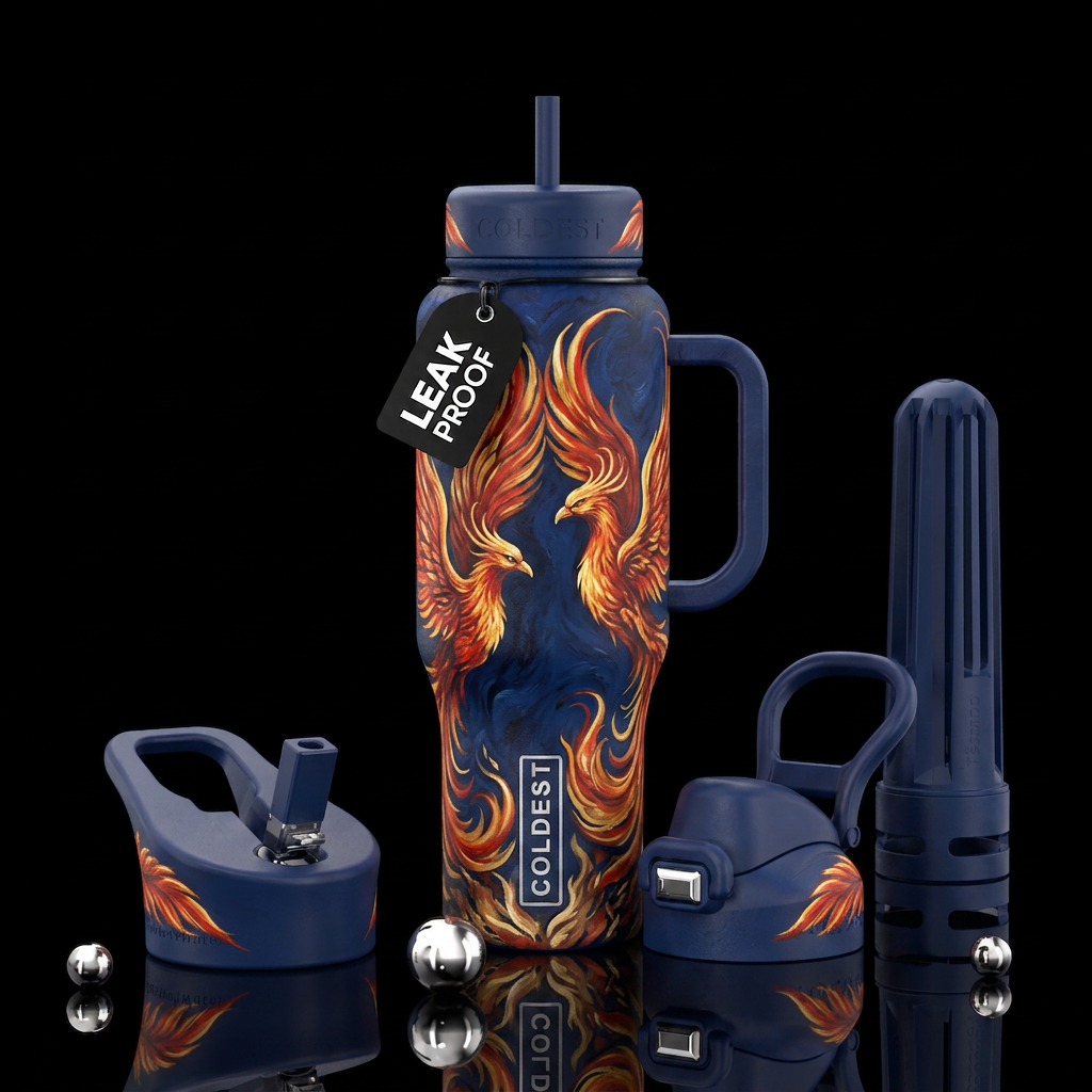 Painting style, Two phoenixes, one on each side of... water bottle design
