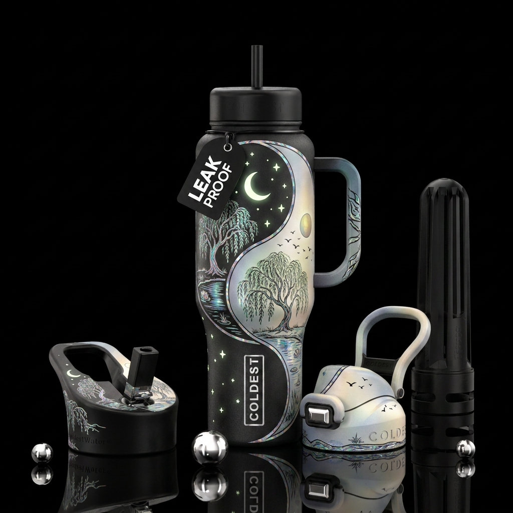 Ying yang design of night and day, both day and ni... water bottle design