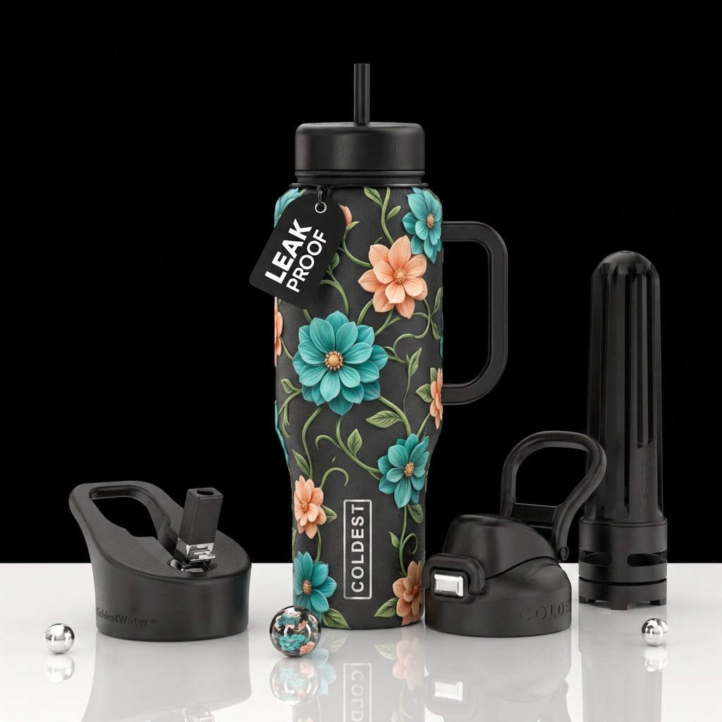 Teal and peach colored big flowers with green vine... water bottle design