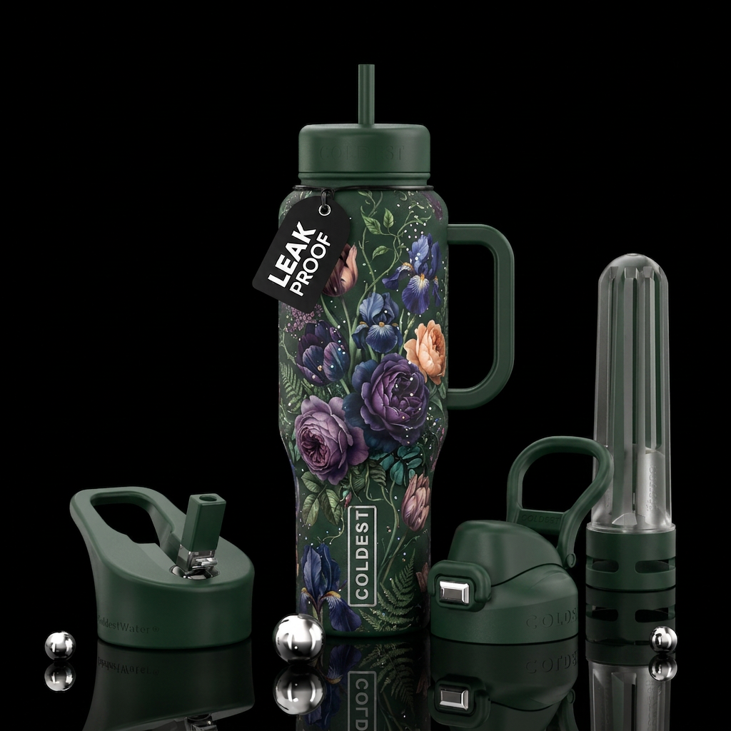 Moody large flowers and iridescent tiny sparkles, ... water bottle design