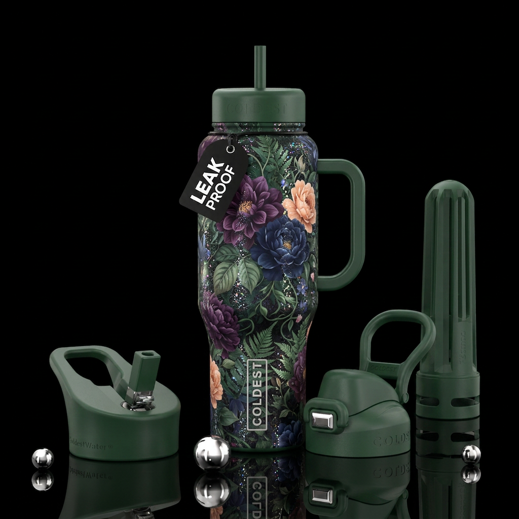 Moody large flowers and iridescent tiny sparkles, ... water bottle design
