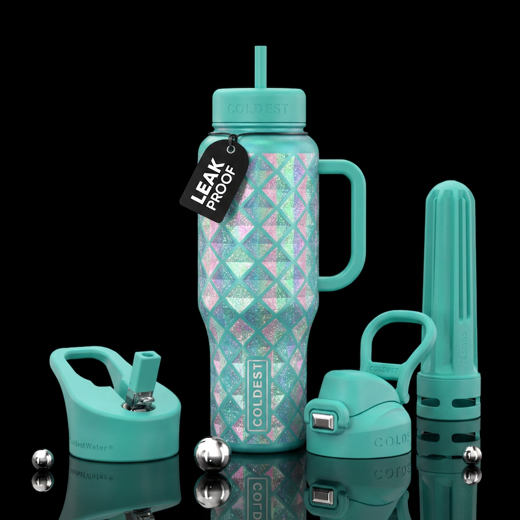 Aquarmarine bottle with diamond shaped iridescent ... water bottle design