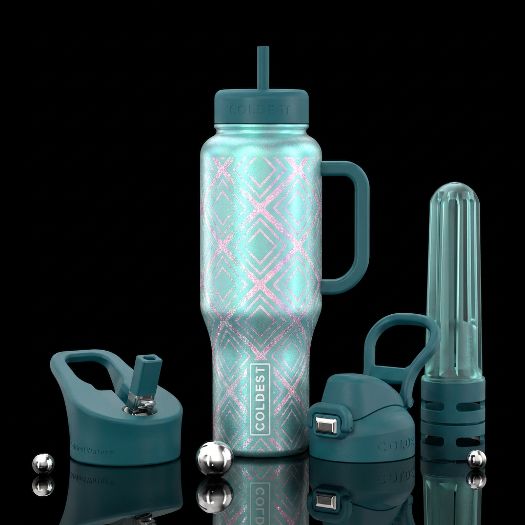Aquarmarine bottle with diamond shaped iridescent ... water bottle design