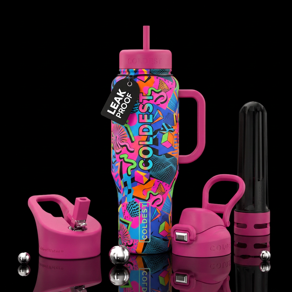 1990s designs and colors all over bottle. Pink han... water bottle design