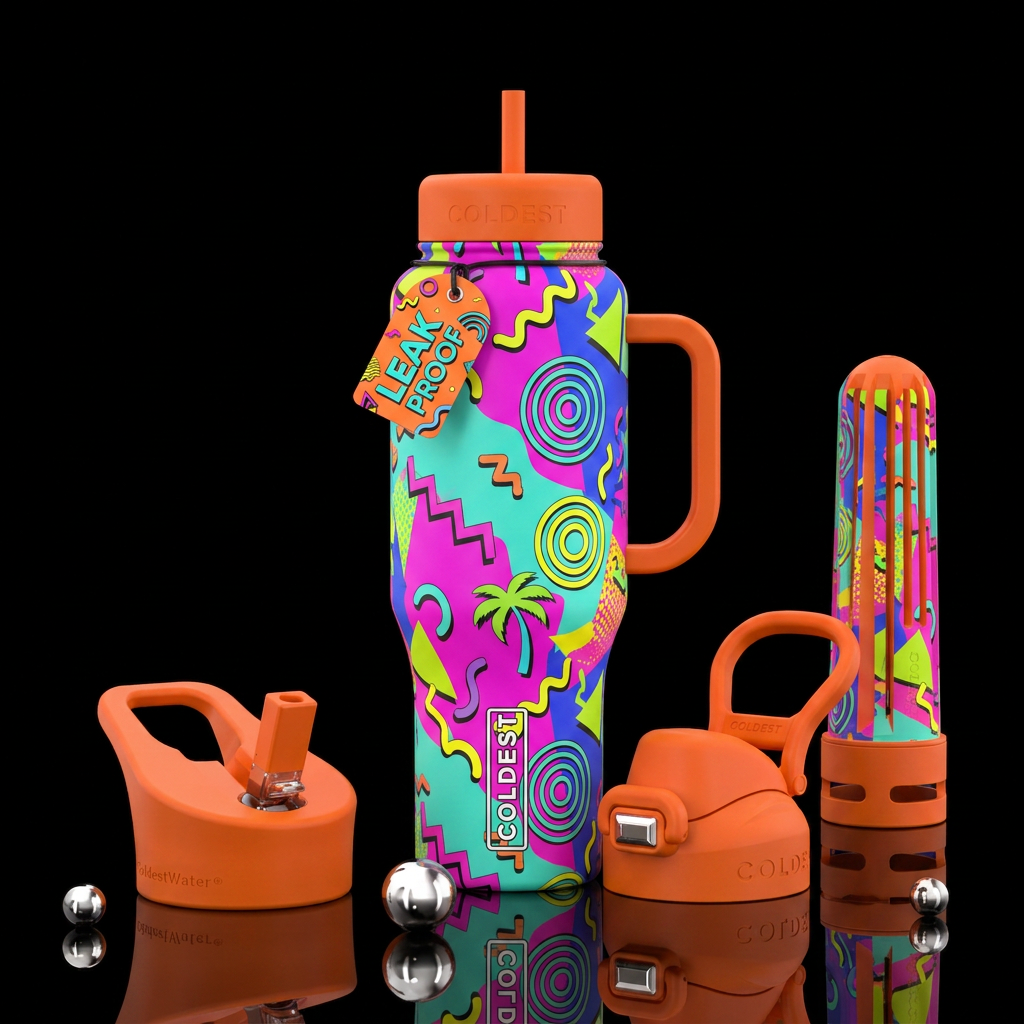 1990s designs and colors all over bottle. Orange h... water bottle design