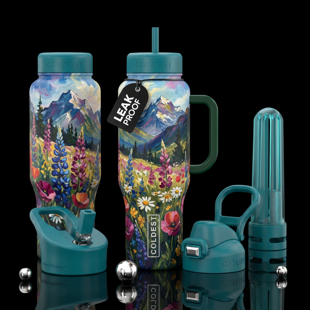 Vibrant impressionist mountain floral landscape water bottle design