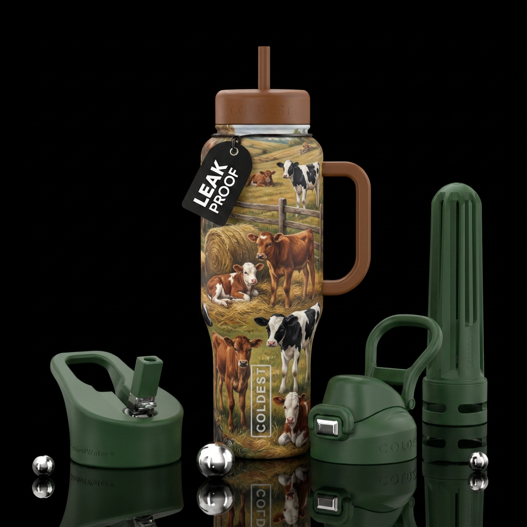 Painting style, brown calves and black and white c... water bottle design