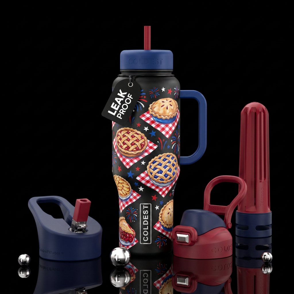 Pies in picnic setting, painting style and patriot... water bottle design