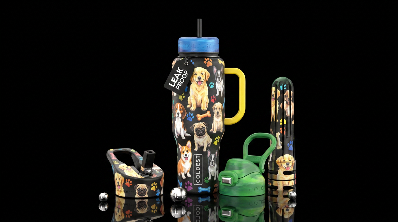 Different dog breed puppies, puppy paws, bones all... water bottle design