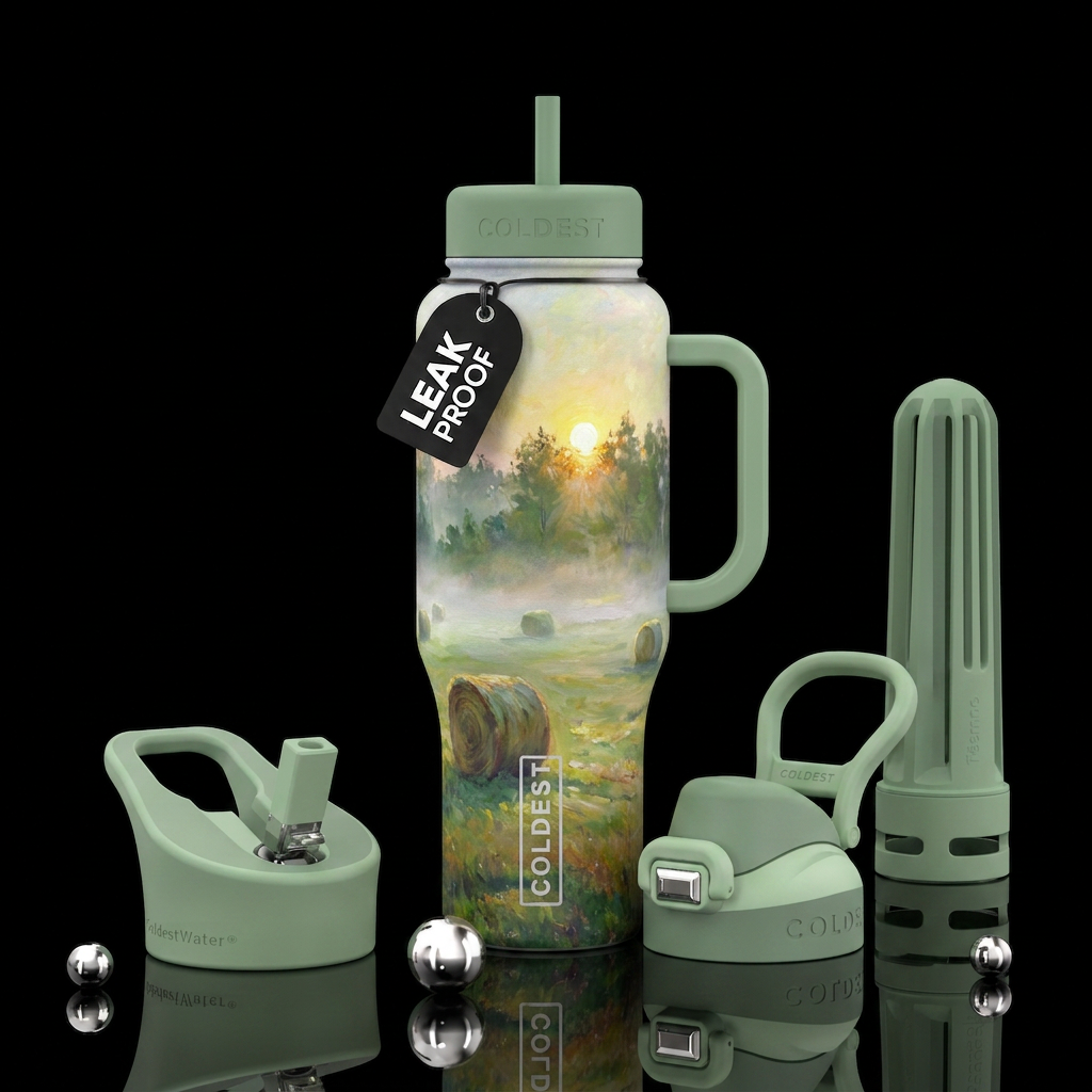 foggy field with hay bales then trees in the backg... water bottle design
