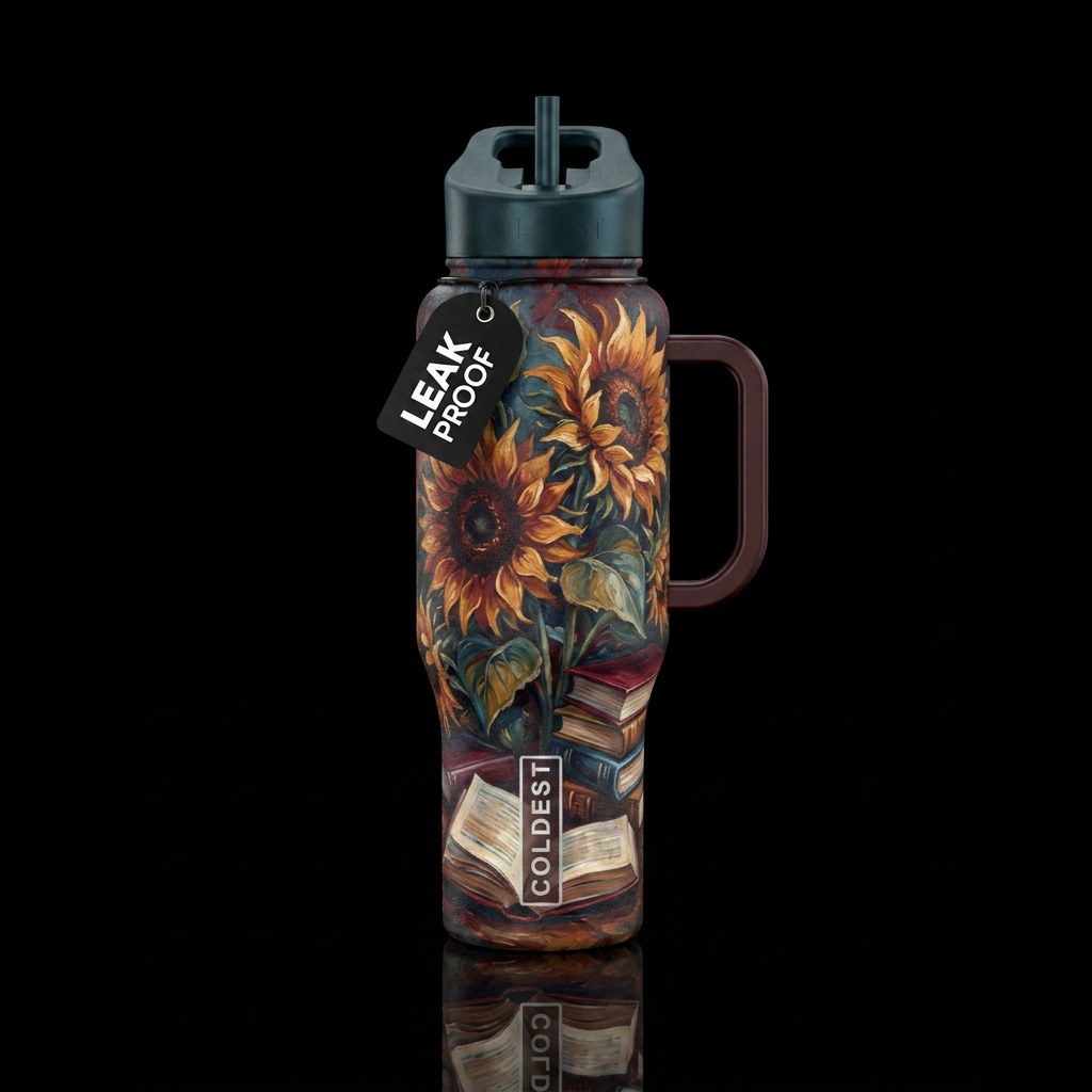 Sunflowers and books water bottle design
