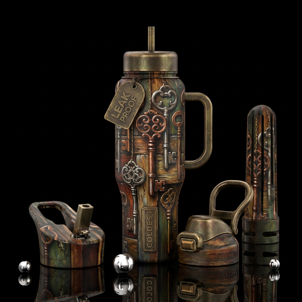 Skeleton keys of different shapes and wood planks ... water bottle design