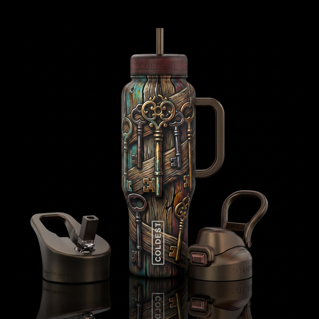 Skeleton keys of different shapes and wood planks ... water bottle design
