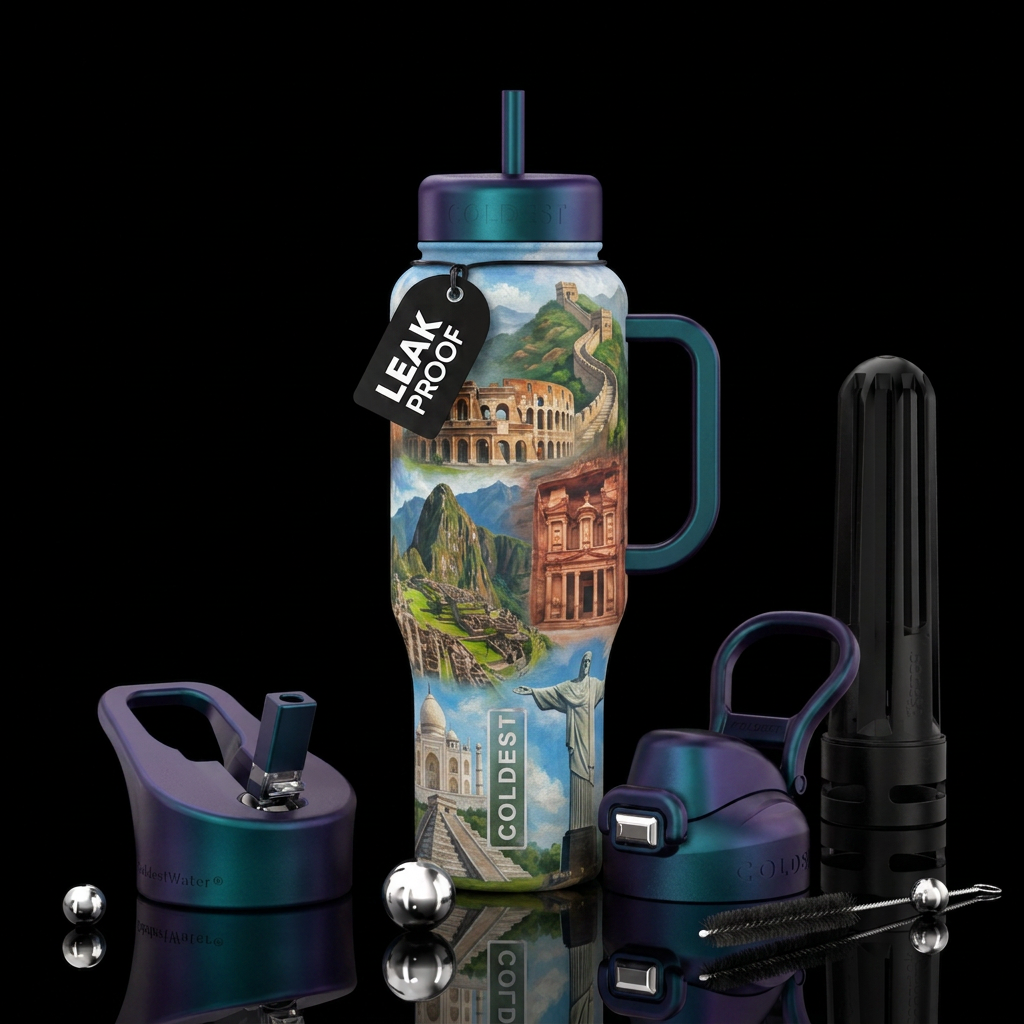 Seven wonders of the world, painting style water bottle design