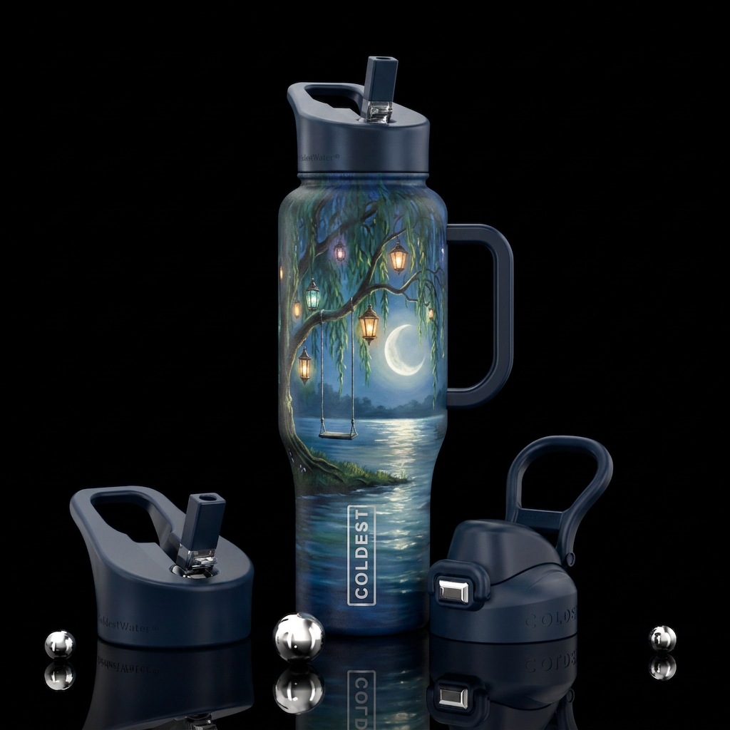 Willow tree near moonlit lake water bottle design