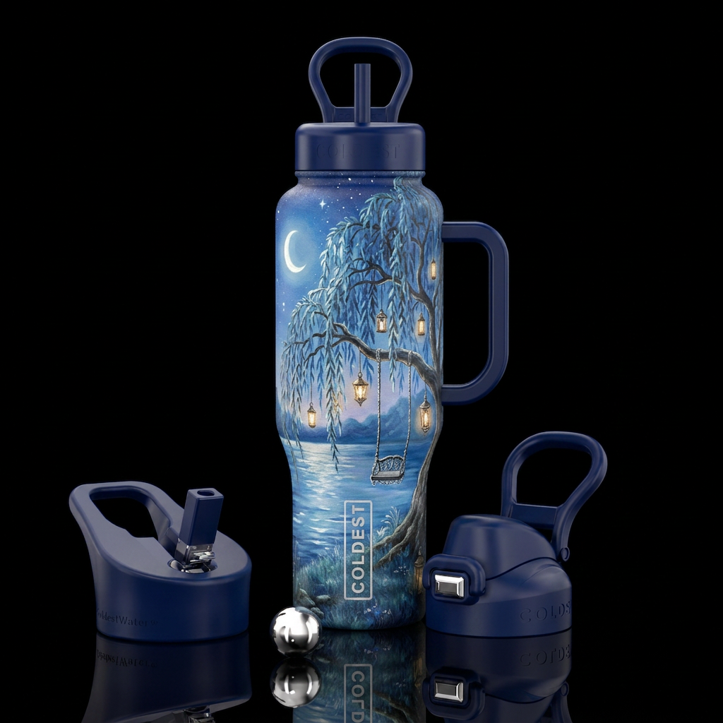 Willow tree near lake water bottle design