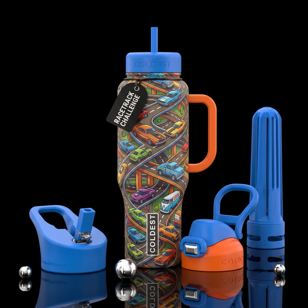 Different style Matchbox cars on racetrack. Racetr... water bottle design