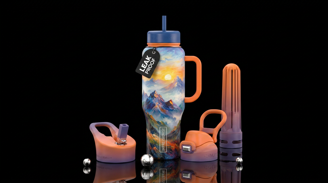 Impressionist style painting of mountains and a fo... water bottle design