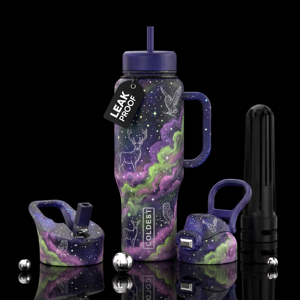 starry sky with tiny iridescent stars, light cloud... water bottle design