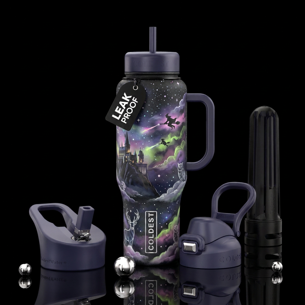 Castle on cliff seen from far away, rest of bottle... water bottle design
