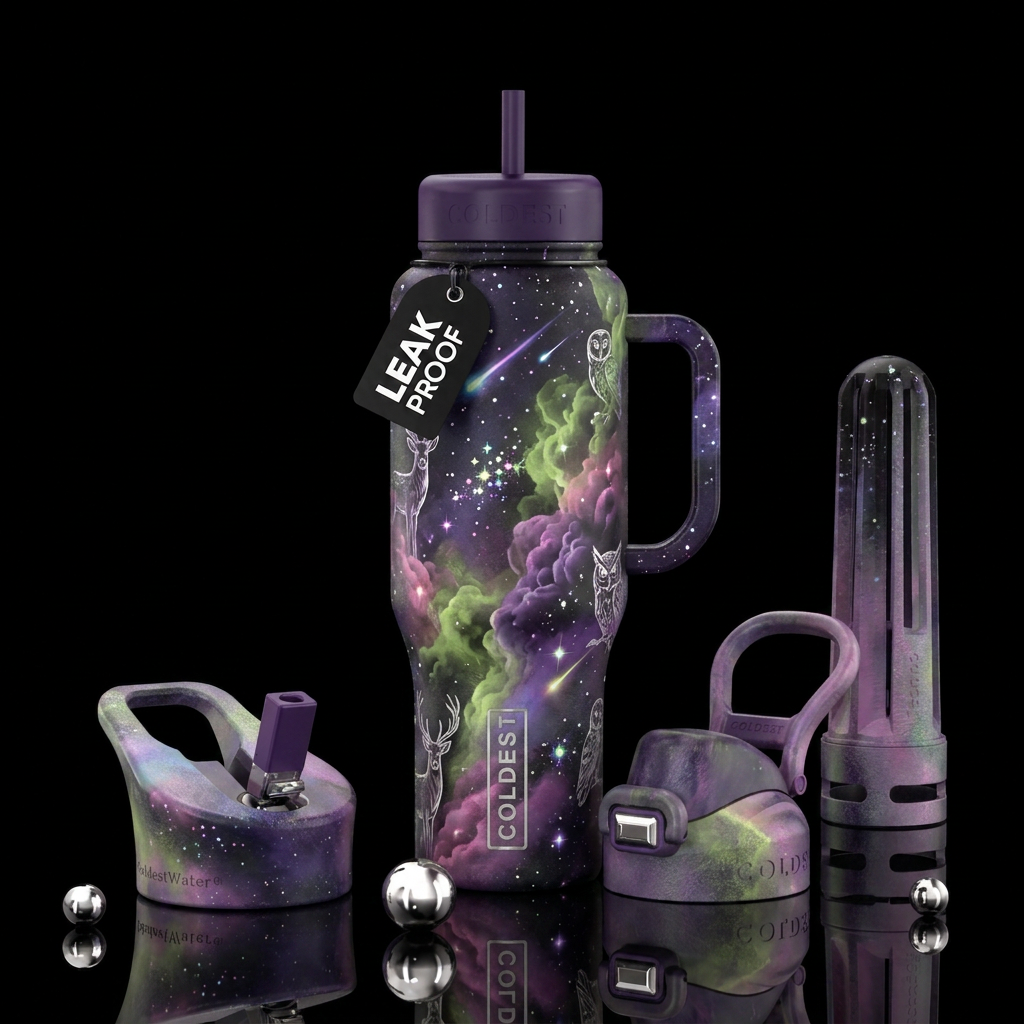 starry sky with iridescent stars, light clouds, sm... water bottle design