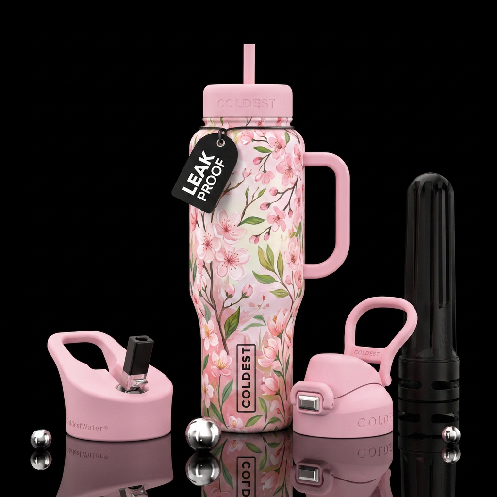 Spring reverie painting with light pink handle and... water bottle design