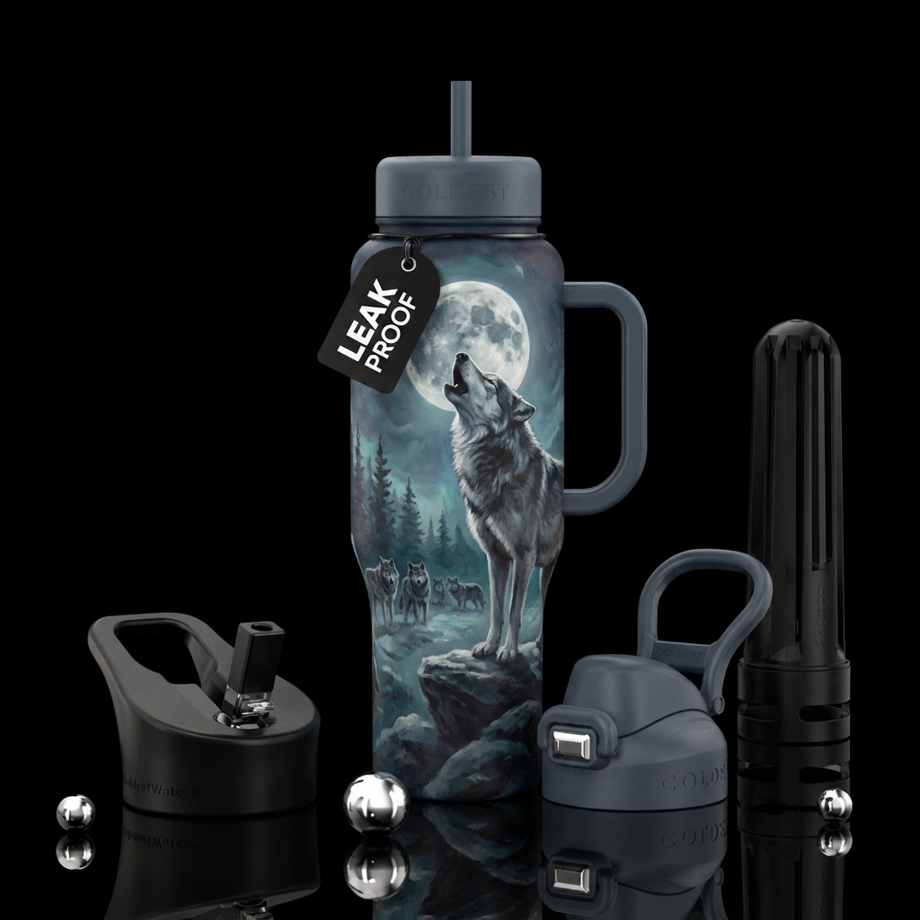 Epic gray wolf howling at full moon with pack of w... water bottle design