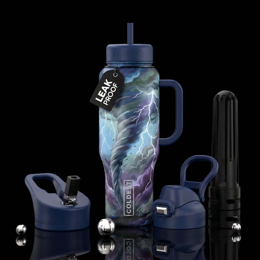 Tornado and lightning, moody and bright, painting ... water bottle design