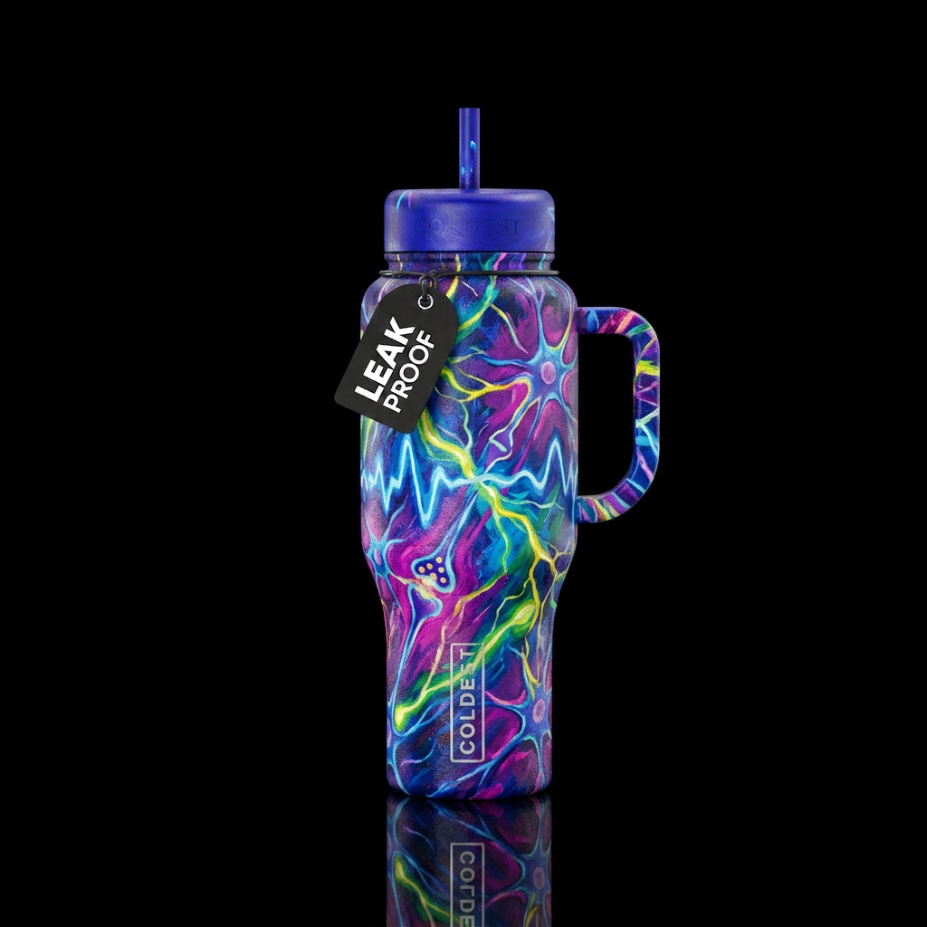 Abstract depiction of Electric brain waves, neuron... water bottle design