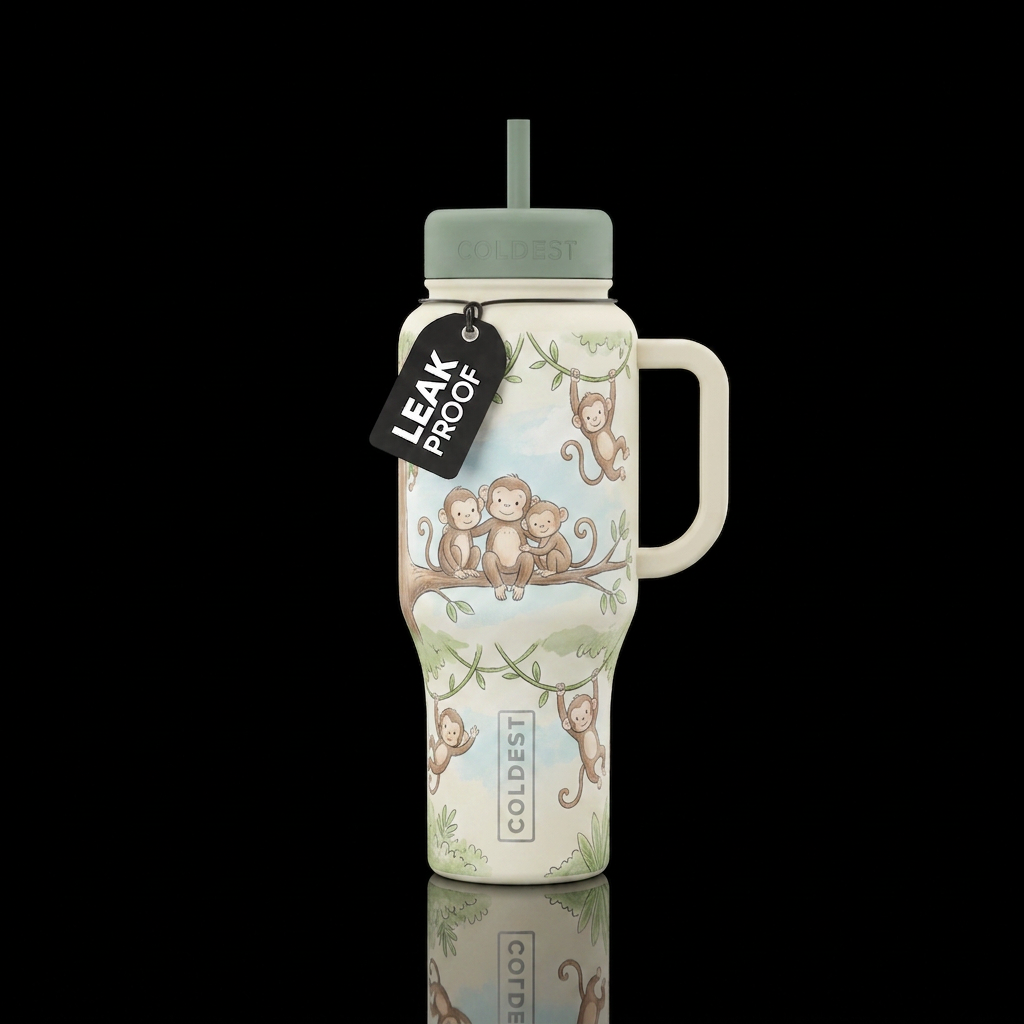 Storybook style drawing of monkeys sitting on a br... water bottle design