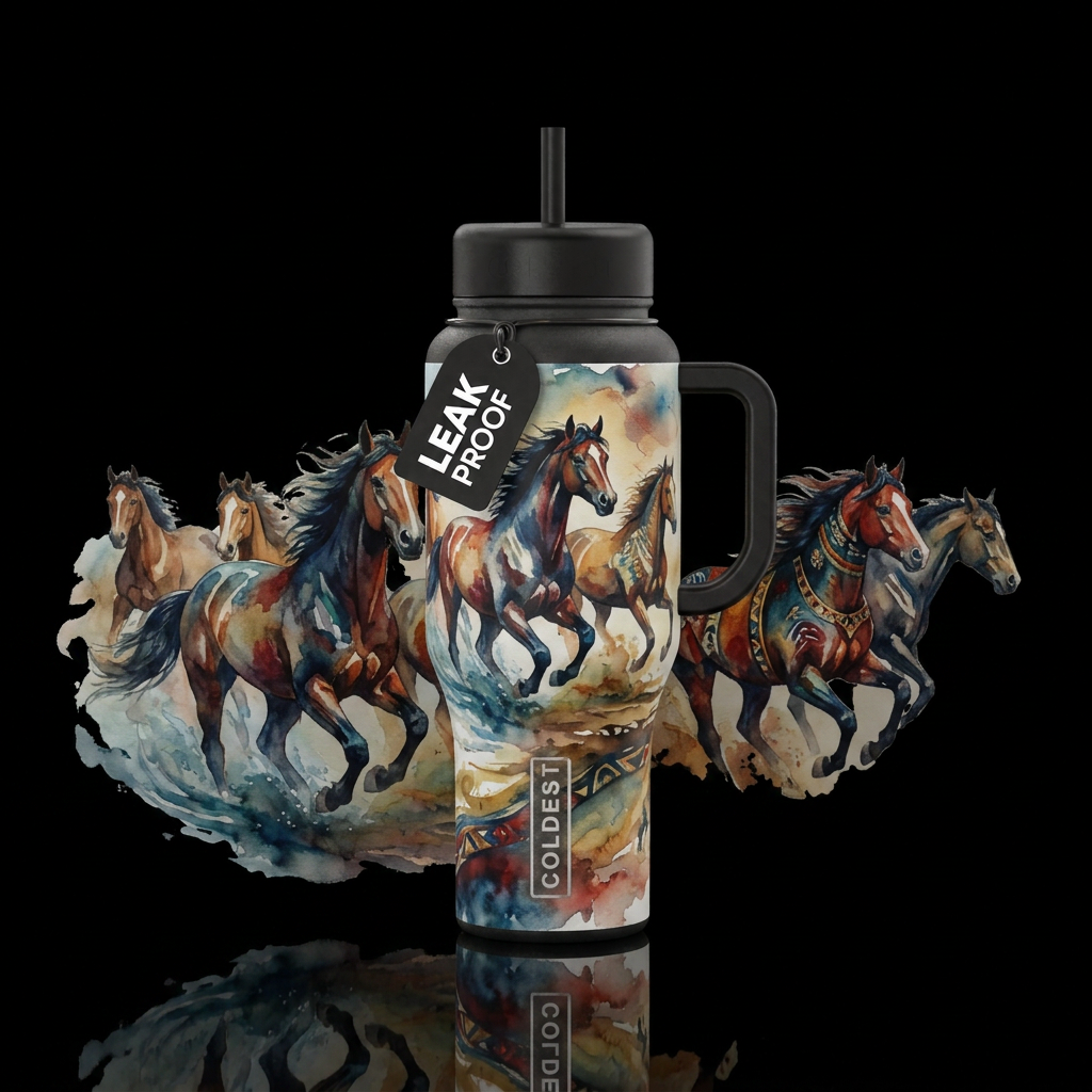 Horses galloping. Majestic, water color, moody col... water bottle design