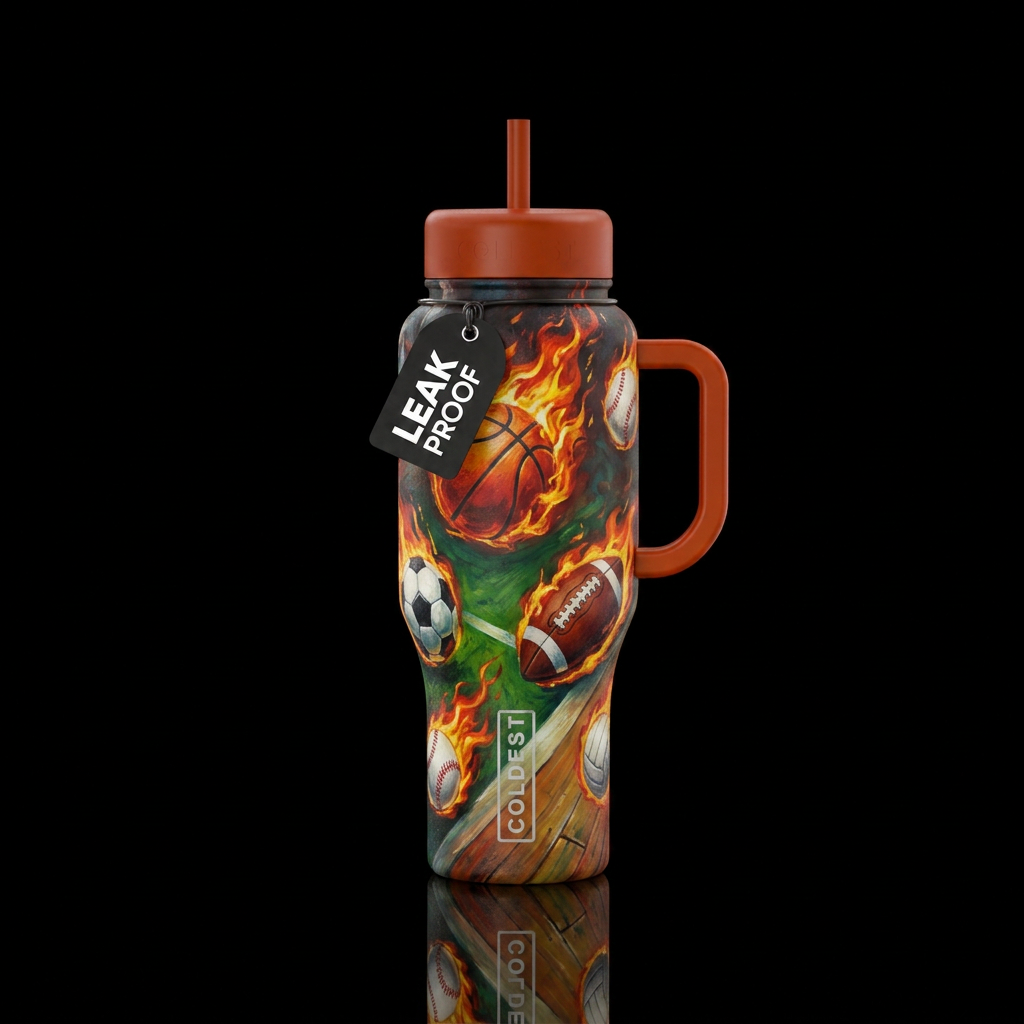Sports balls on fire with turf and wooden flooring... water bottle design